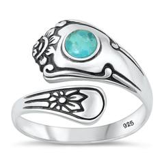 Sterling Silver Oxidized Spoon Genuine Turquoise Stone Ring
