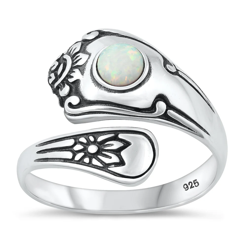 Sterling Silver Oxidized Spoon White Lab Opal Ring