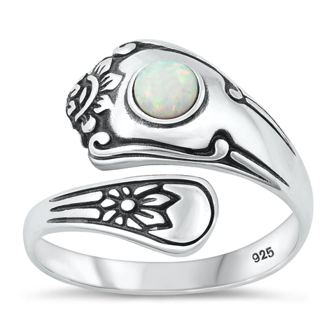Sterling Silver Oxidized Spoon White Lab Opal Ring