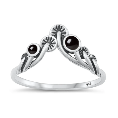 Sterling Silver Oxidized Mushrooms Black Agate Stone Ring