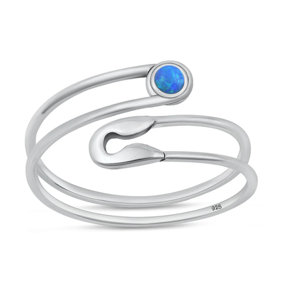 Sterling Silver Oxidized Safety Pin Blue Lab Opal Ring