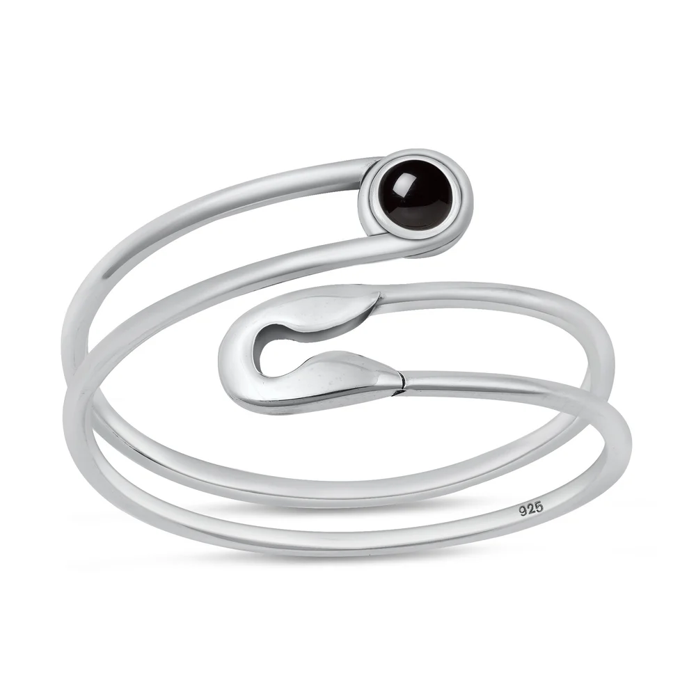 Sterling Silver Oxidized And Polished Safety Pin Black Agate Stone Ring
