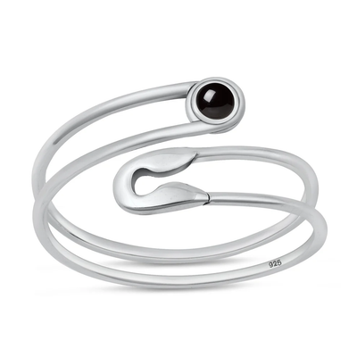 Sterling Silver Oxidized And Polished Safety Pin Black Agate Stone Ring