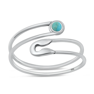 Sterling Silver Oxidized Safety Pin Genuine Turquoise Stone Ring