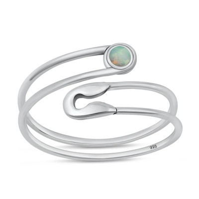 Sterling Silver Oxidized Safety Pin White Lab Opal Ring