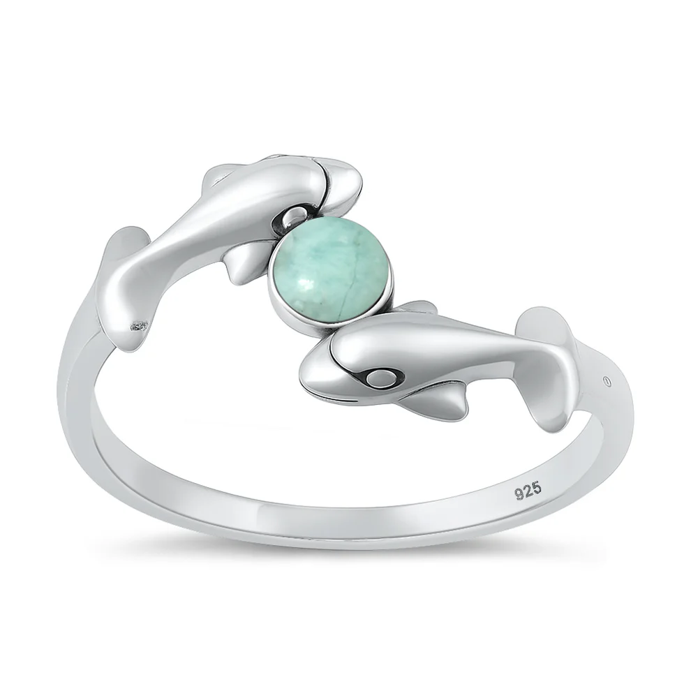 Sterling Silver Oxidized and Polished Dolphins Genuine Larimar Stone Ring