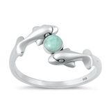 Sterling Silver Oxidized And Polished Dolphins Genuine Larimar Stone Ring
