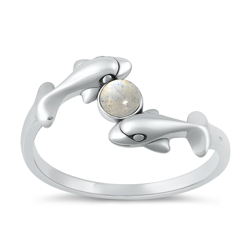 Sterling Silver Oxidized And Polished Dolphins Moonstone Ring