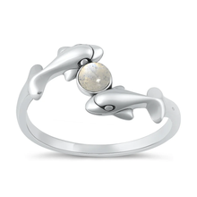 Load image into Gallery viewer, Sterling Silver Oxidized And Polished Dolphins Moonstone Ring