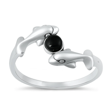 Load image into Gallery viewer, Sterling Silver Oxidized And High Polished Dolphins Black Agate Stone Ring