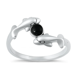 Sterling Silver Oxidized And High Polished Dolphins Black Agate Stone Ring