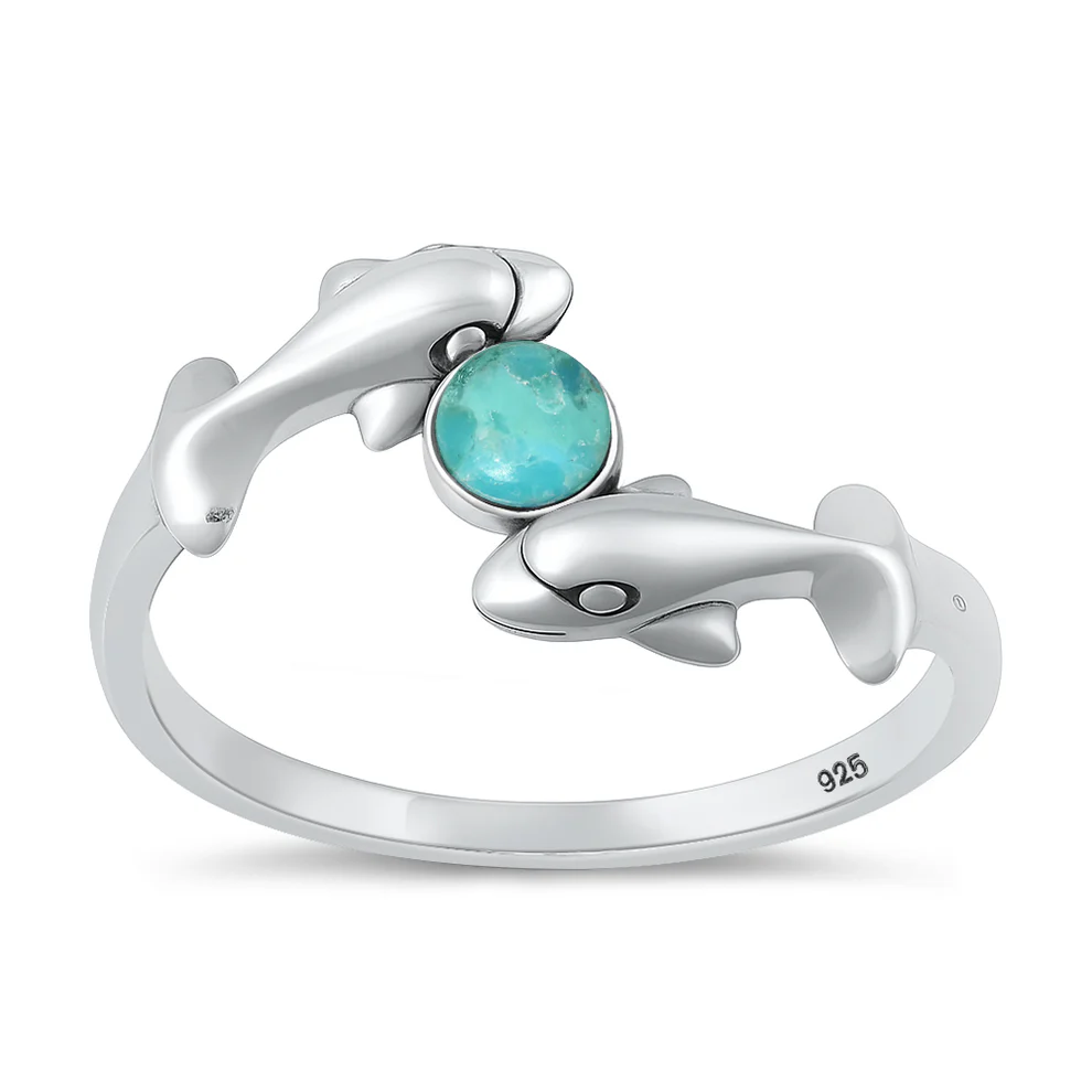 Sterling Silver Oxidized And High Polished Dolphins Genuine Turquoise Stone Ring