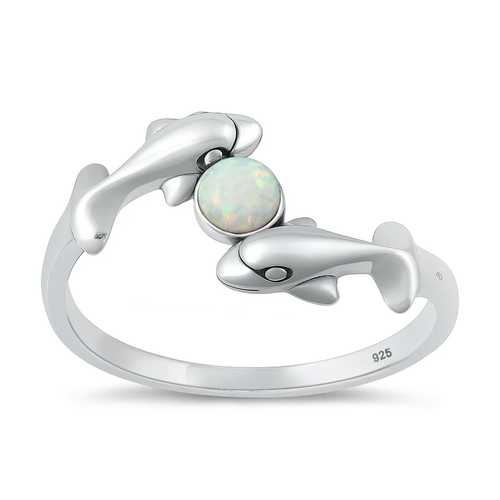 Sterling Silver Oxidized And Polished Dolphins White Lab Opal Ring