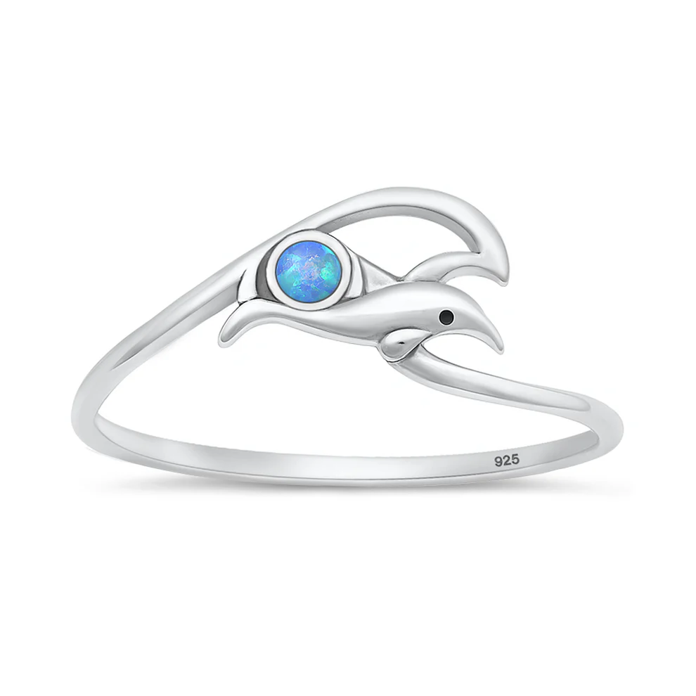 Sterling Silver Oxidized And Polished Dolphin And Wave Blue Lab Opal Ring