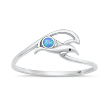 Load image into Gallery viewer, Sterling Silver Oxidized And Polished Dolphin And Wave Blue Lab Opal Ring