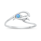 Sterling Silver Oxidized And Polished Dolphin And Wave Blue Lab Opal Ring