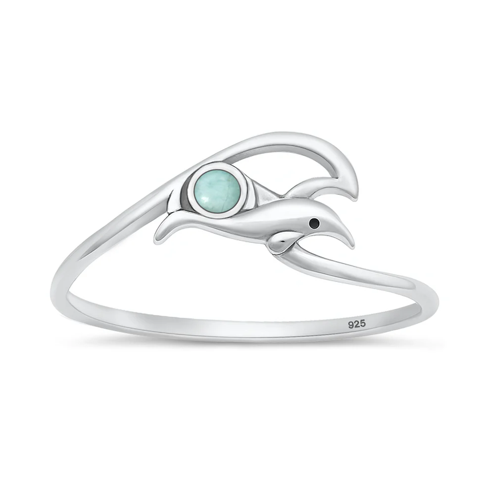 Sterling Silver Oxidized And Polished Dolphin And Wave Larimar Stone Ring
