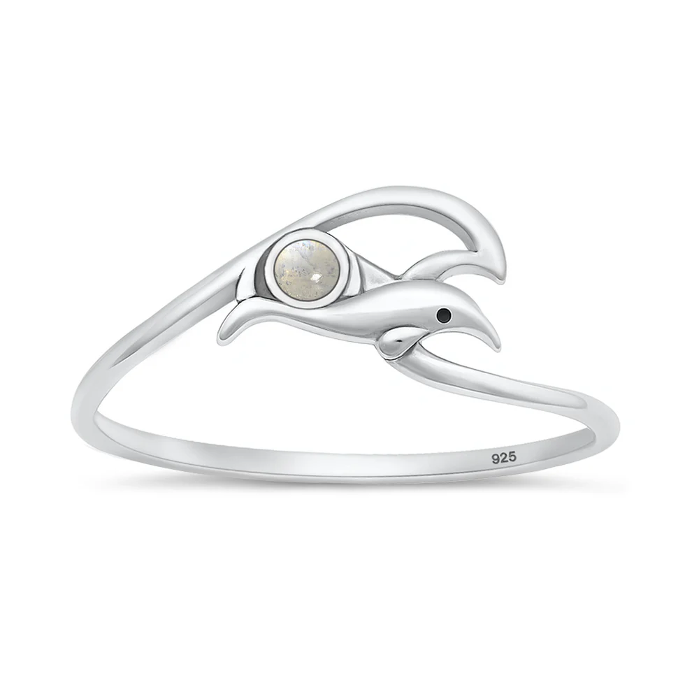 Sterling Silver Oxidized And Polished Dolphin And Wave Moonstone Stone Ring
