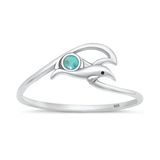 Sterling Silver Oxidized And Polished Dolphin And Wave Genuine Turquoise Stone Ring