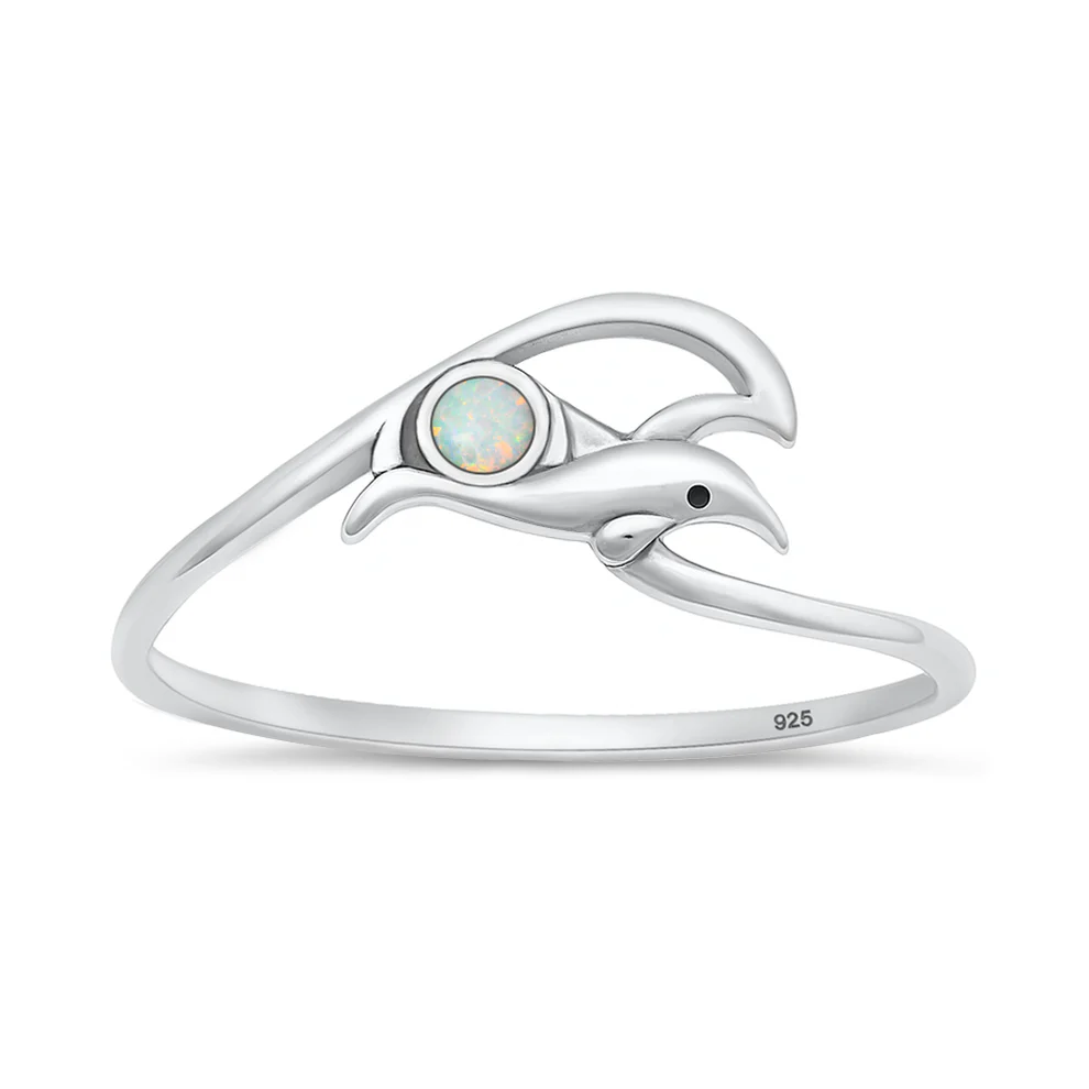 Sterling Silver Oxidized And Polished Dolphin And Wave White Lab Opal Ring