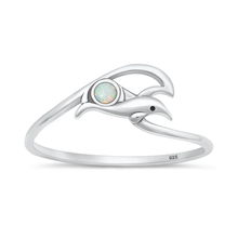 Load image into Gallery viewer, Sterling Silver Oxidized And Polished Dolphin And Wave White Lab Opal Ring