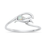 Sterling Silver Oxidized And Polished Dolphin And Wave White Lab Opal Ring