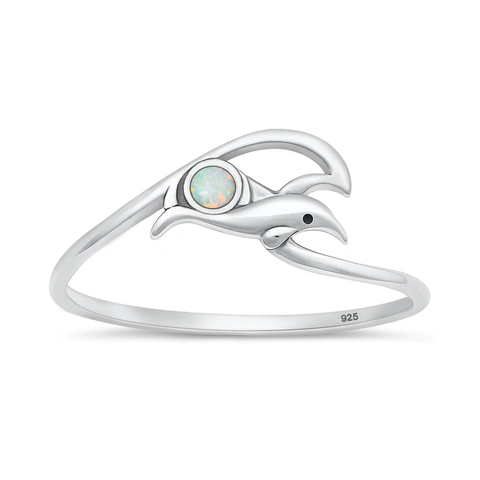 Sterling Silver Oxidized And Polished Dolphin And Wave White Lab Opal Ring