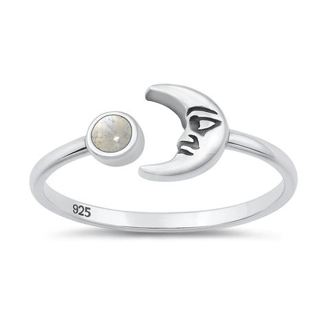Sterling Silver Oxidized And Polished Crescent Moon Moonstone Ring
