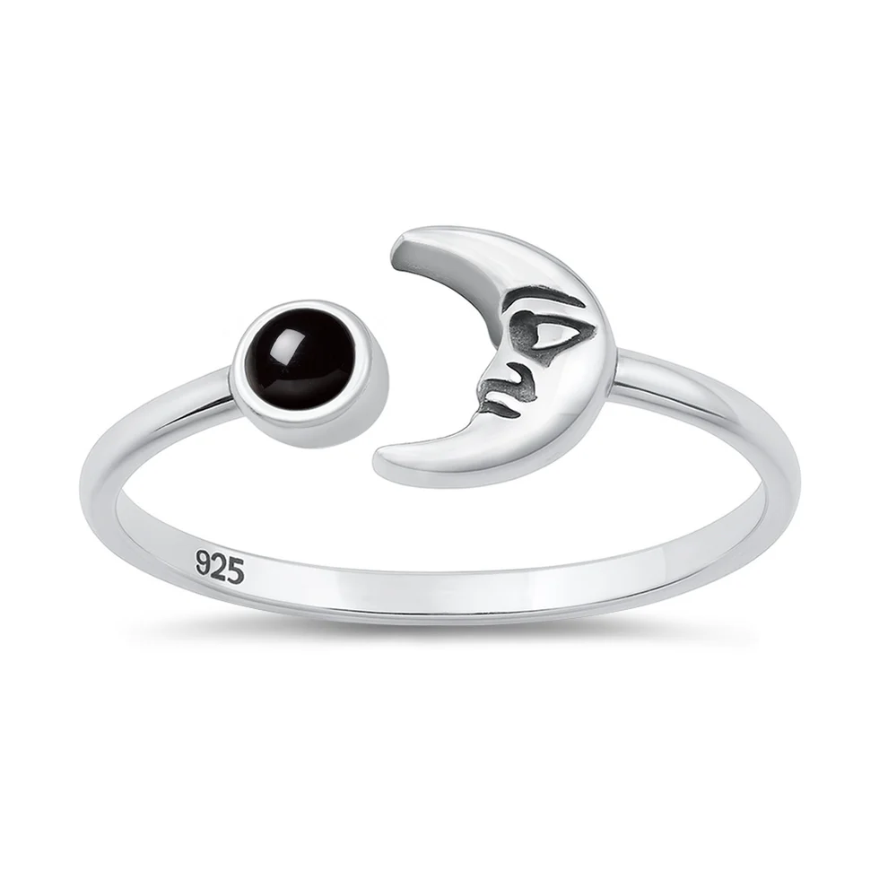 Sterling Silver Oxidized And Polished Crescent Moon Black Agate Stone Ring