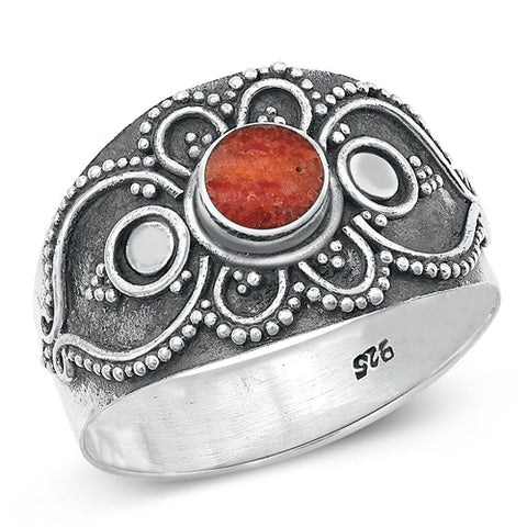 Sterling Silver Oxidized Bali Red Carnelian Ring-13mm