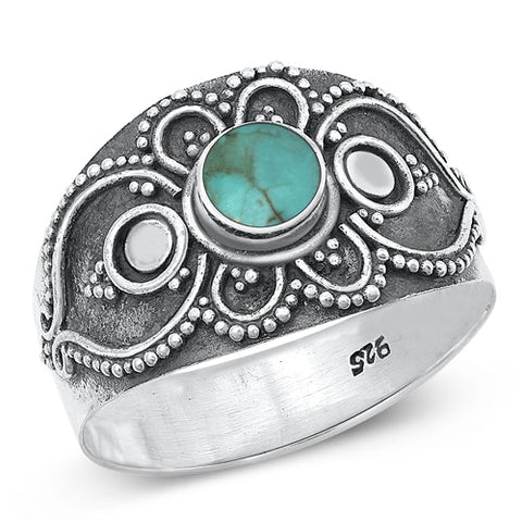 Sterling Silver Oxidized Bali Genuine Turquoise Ring-13mm