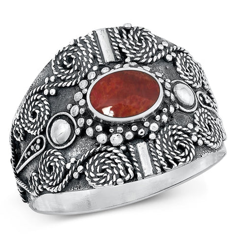 Sterling Silver Oxidized Bali Red Carnelian Ring-16.2mm