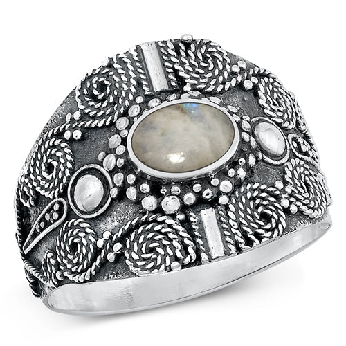 Sterling Silver Oxidized Bali Moonstone Ring-16.2mm