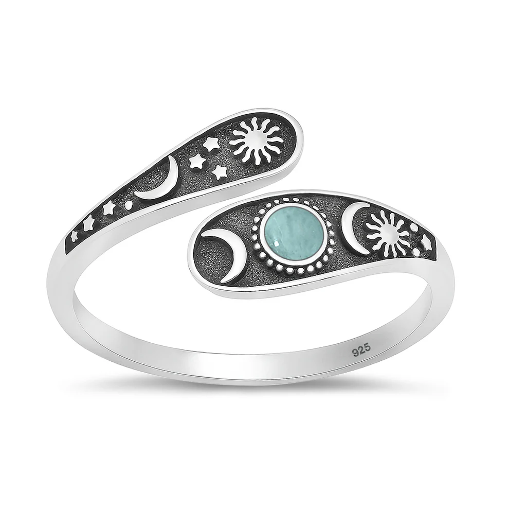 Sterling Silver Oxidized And Polished Celestial Sun Moon Stars Larimar Stone Ring