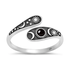 Sterling Silver Oxidized And Polished Celestial Moon Sun Stars Black Agate Stone Ring