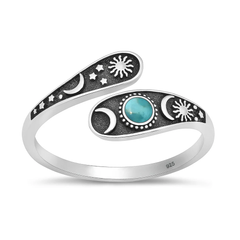 Sterling Silver Oxidized And Polished Celestial Moon Sun Stars Genuine Turquoise Stone Ring