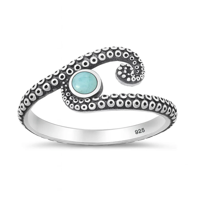 Sterling Silver Oxidized And Polished Octopus Tentacle Larimar Stone Ring