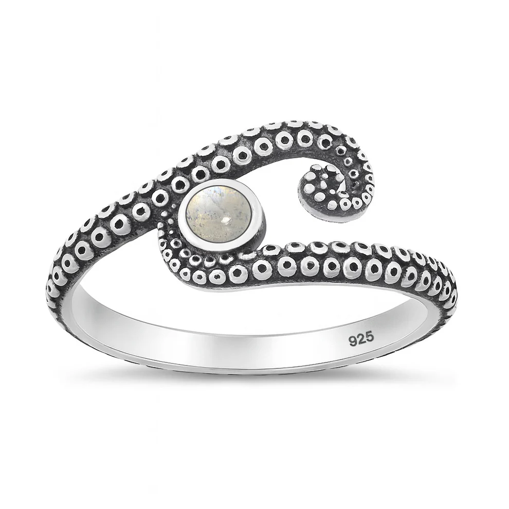 Sterling Silver Oxidized Octopus Tentacles Moonstone Ring