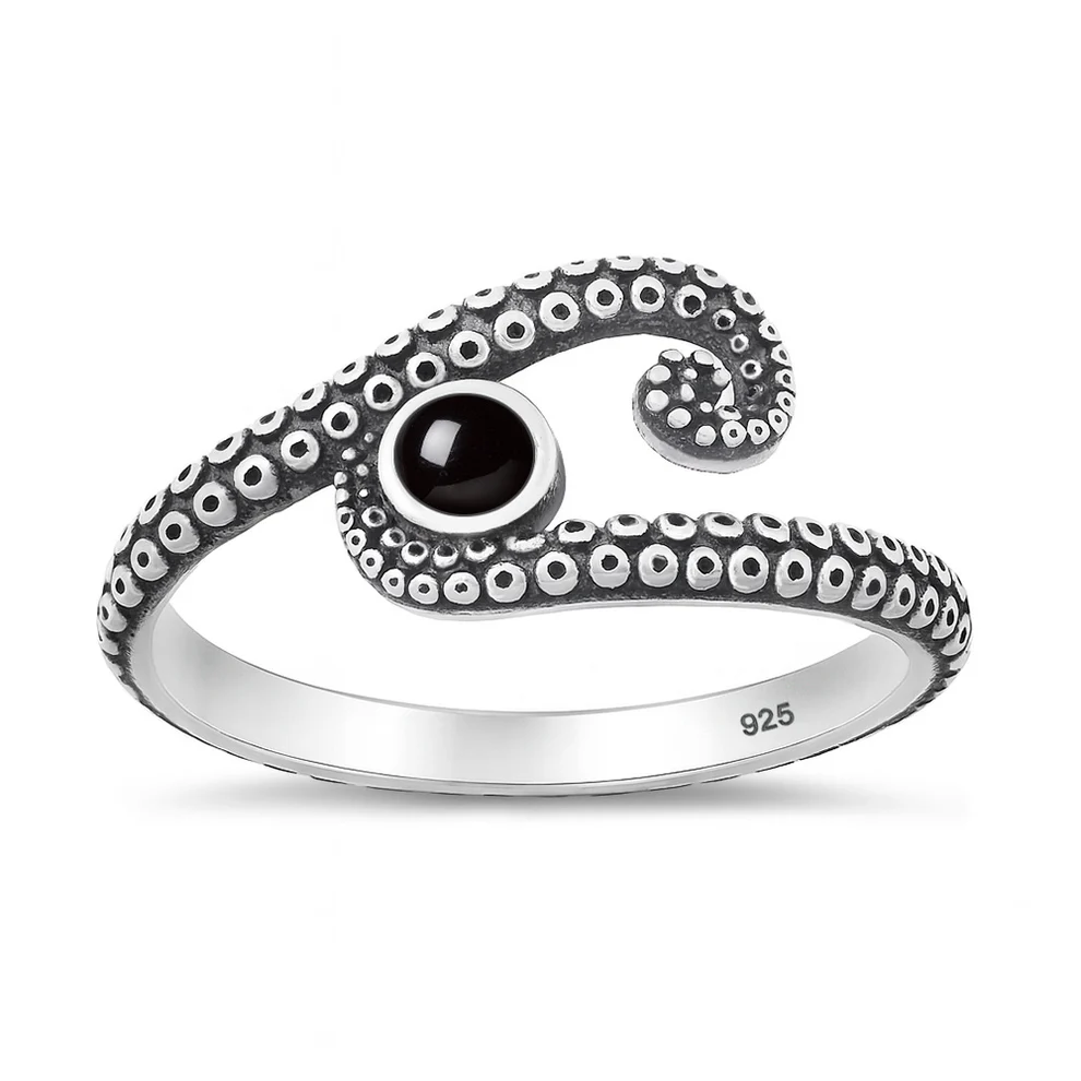 Sterling Silver Oxidized Octopus Tentacles Black Agate Stone Ring