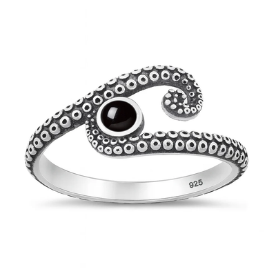 Sterling Silver Oxidized Octopus Tentacles Black Agate Stone Ring