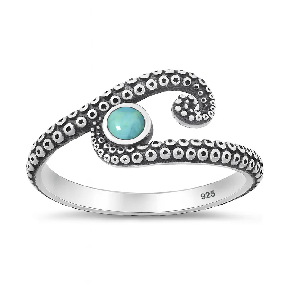 Sterling Silver Oxidized Octopus Tentacles Genuine Turquoise Stone Ring