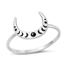 Load image into Gallery viewer, Sterling Silver Oxidized And Polished Crescent Moon Phase Black Agate Stone Ring
