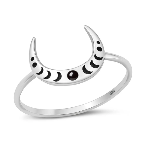 Sterling Silver Oxidized And Polished Crescent Moon Phase Black Agate Stone Ring