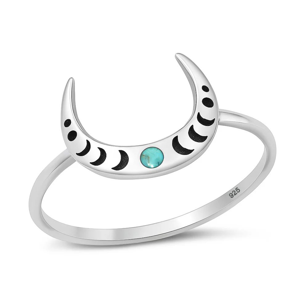 Sterling Silver Oxidized And Polished Crescent Moon Phase Genuine Turquoise Stone Ring
