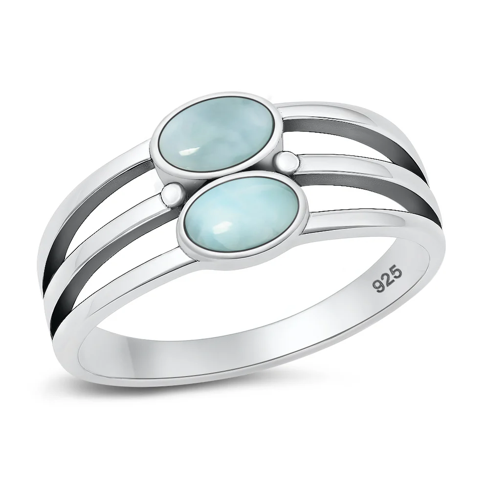 Sterling Silver Oxidized And Polished Stacked Two Stone Larimar Stone Ring