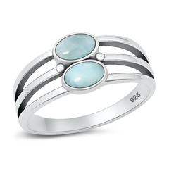 Sterling Silver Oxidized And Polished Stacked Two Stone Larimar Stone Ring
