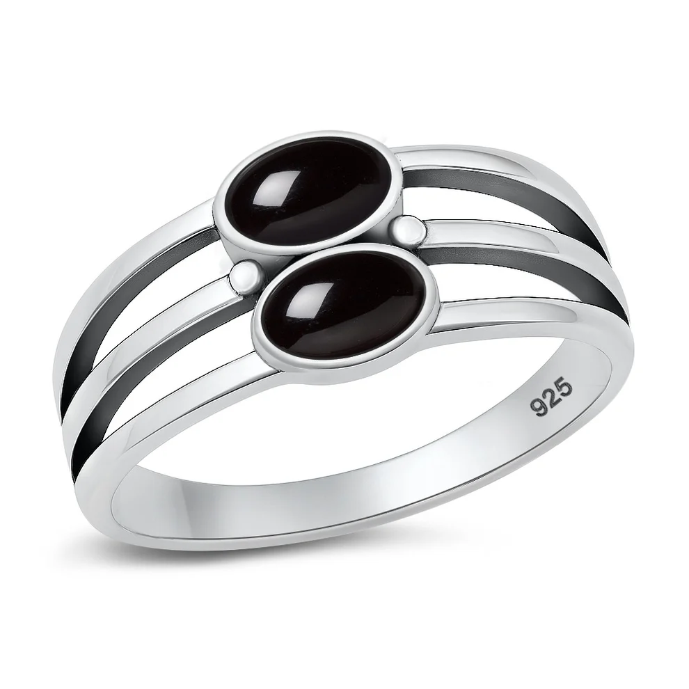 Sterling Silver Oxidized and Polished Lines with Ovals Black Onyx Stone Ring