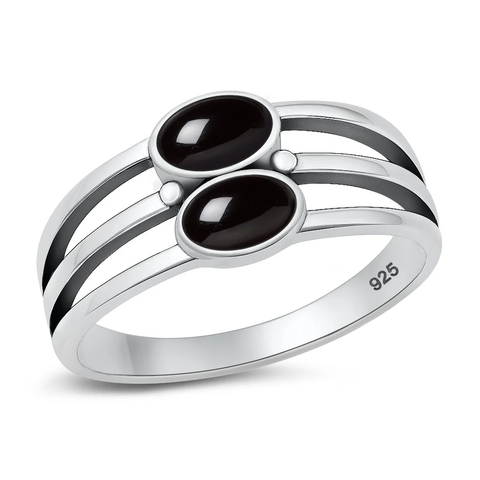 Sterling Silver Oxidized And Polished Lines With Ovals Black Onyx Stone Ring
