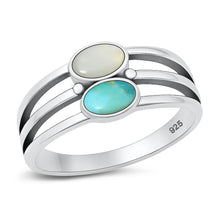 Load image into Gallery viewer, Sterling Silver Oxidized And Polished Mother Of Pearl And Turquoise Stacked Stone Ring