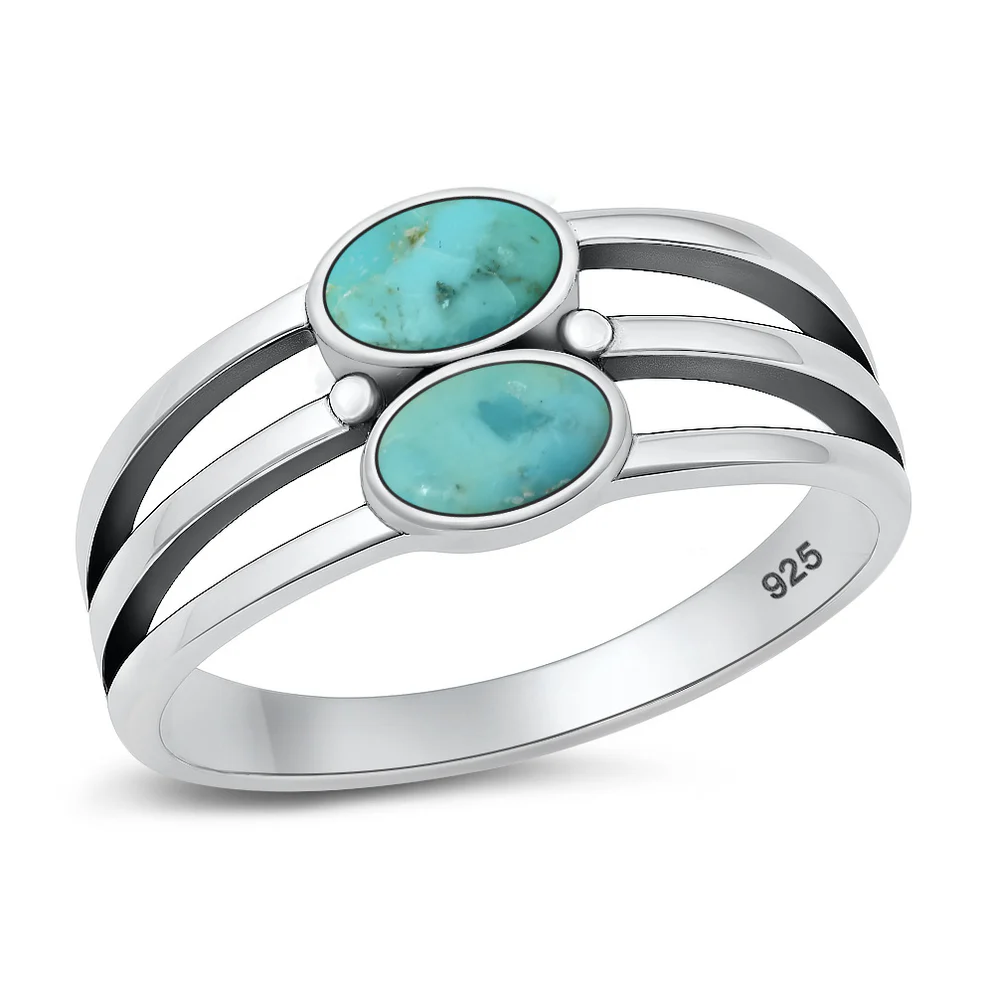 Sterling Silver Oxidized And Polished Lines With Ovals Genuine Turquoise Stone Ring
